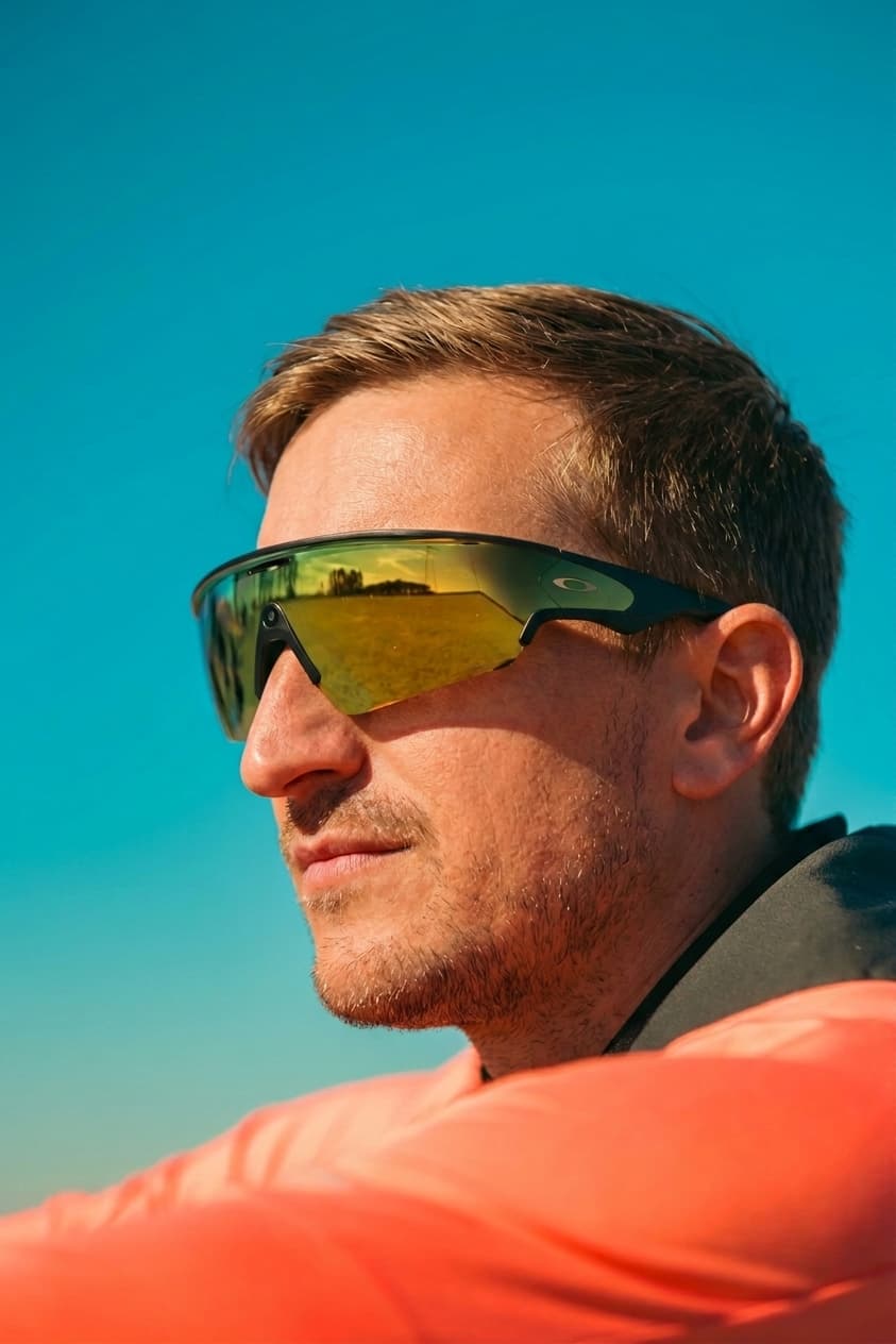 Deaglan in sports sunglasses against a blue sky