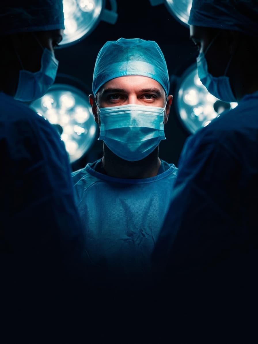 Military surgeon under operating lights